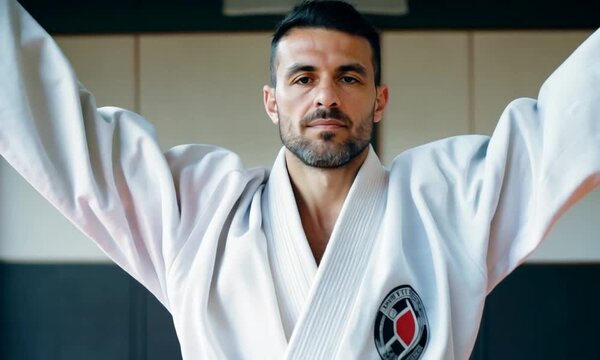 Man Does Spiritual Concentration Exercises In Karate Uniform .4k . video