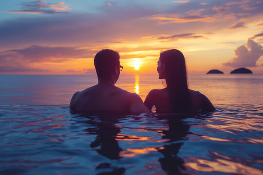 Couple relaxing in a swimming pool hotel beside the beach, a honeymoon vacation in hotel swimming pool.