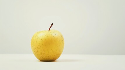 A crisp, juicy, golden apple sits on a solid white surface against a pale grey background.