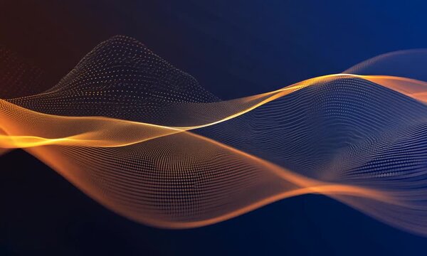 Abstract gradient particle waves continuously flowing with connected dots and lines. Orange and blue digital waves technology background Engineering, Science and Artificial Intelligence. 4k video