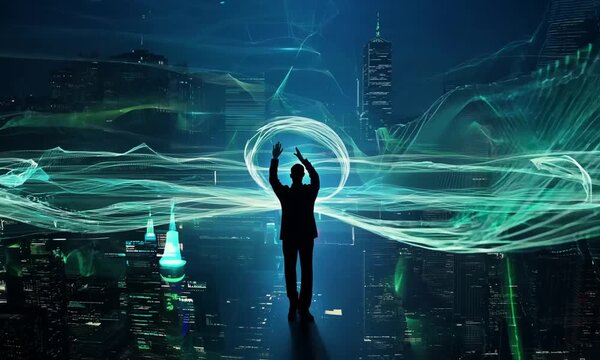 A futuristic city illuminated by digital code, showcasing the integration of technology and urban landscapes, Depict the concept of encryption in a digital landscape 4k video