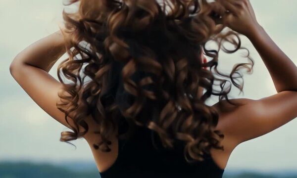 Vertical video of unrecognizable woman with long brown curly hair in slow motion . 4k video