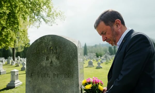 Man crying over grave, grieving death of loved one. 4k video
