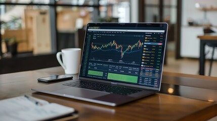 Laptop on a wooden table in a coffee shop. The laptop is open and displaying a stock market chart.