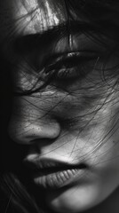 Fototapeta premium Black and white close-up of a pensive face with flowing hair, capturing deep emotion and intense mood.