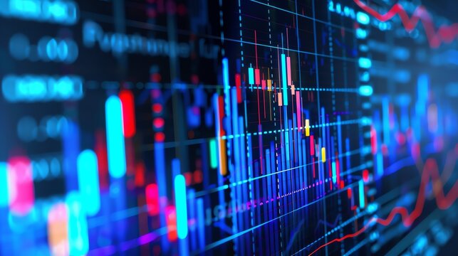 A glowing blue and red stock market graph shows the rise and fall of stock prices over time.