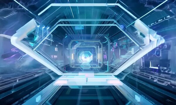 flight through hi-tech technology tunnel with camera shake. Neon light and mist, sci-fi constructions, mysterious 3d objects and hologram. Fly through technology cyberspace. 4k video