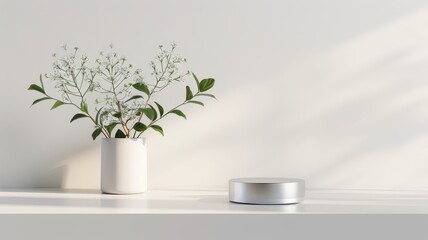 3D silver metal podium with cylindrical base, minimalist white background, ideal for product display.