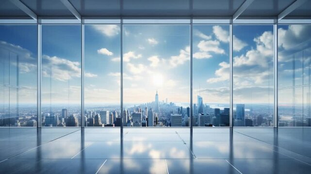 A large city with a clear blue sky and a sun shining through the windows of a high rise building