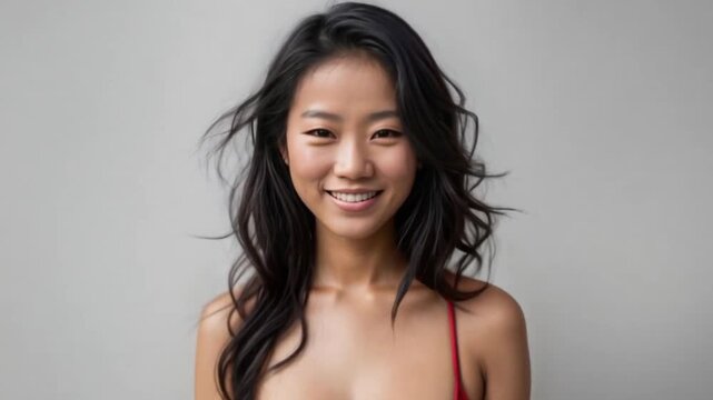 A smiling Southeast Asian woman with tan skin, wearing a red bikini, standing against a white background.