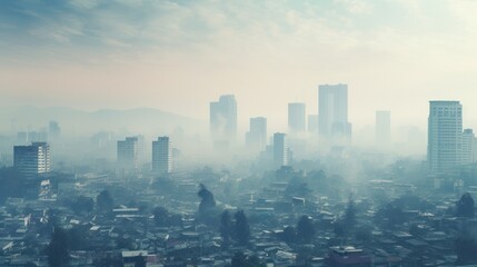 Fototapeta premium Aerial view of a city with heavy smog covering the skyline, showing the impact of air pollution. 