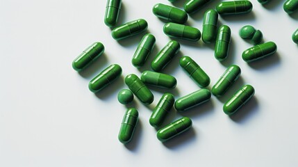 A close-up of a transparent capsule filled with vibrant green leafy vegetables and herbs, set against a white background, highlighting the freshness and natural ingredients