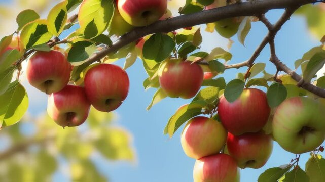 Branch of apple tree with ripe red apples on blue sky ,generative ai