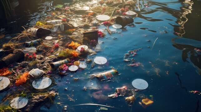 Close-up of a polluted river with floating trash and oil spills, 