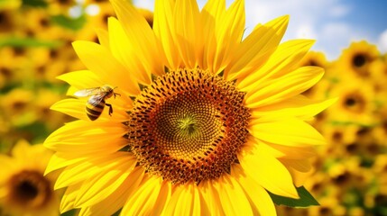 Obraz premium Close-up view of a vibrant sunflower in full bloom with a bee diligently collecting pollen in the center of the flower