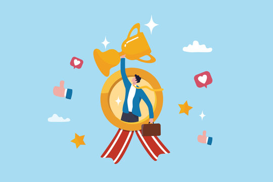Employee of the month award winner, high performance champion, gold medal reward, success or victory recognition prize, leadership or achievement concept, success businessman holding trophy badge. - Powered by Adobe
