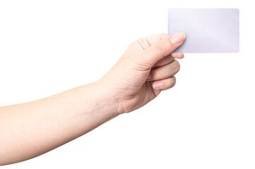 Fototapeta premium The man's hand holds silver platinum card isolated on white background.