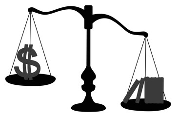 Scales with dollar and knowledge symbols, balance between money and knowledge silhouette