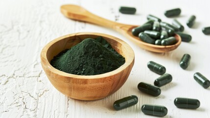 Natural spirulina powder, capsules, tablets on white background. Detox. Multivitamins. Superfood