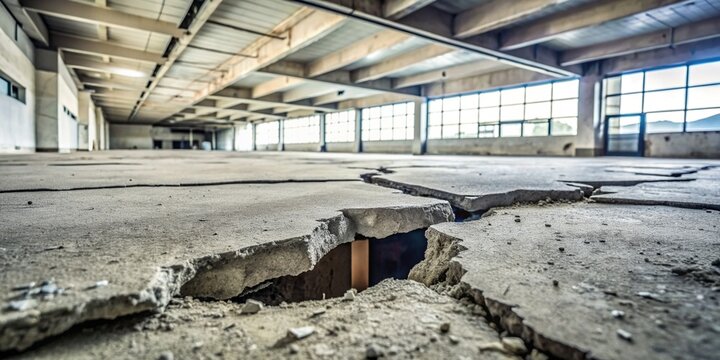 Destroyed concrete flooring with a tilted angle, showcasing subsidence of the base soil, tile, tilted, foundation, destruction, disaster, broken, ruins, reconstruction, repair, damaged