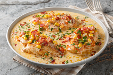 Garlic butter, bacon and creamy corn chicken closeup on the plate on the table. Horizontal