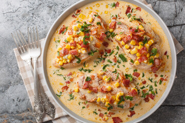 Chicken cutlets with Creamed Corn and bacon closeup on the plate on the table. Horizontal top view from above