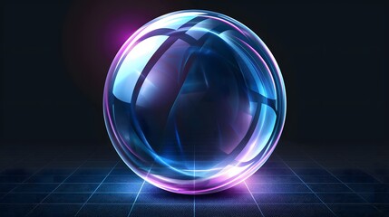 Protection sphere shield with hexagon pattern on blue background. Glass Dome shield. Glowing bubble shield in the form of a force energy field. Protection and safety concept. Vector illustration.