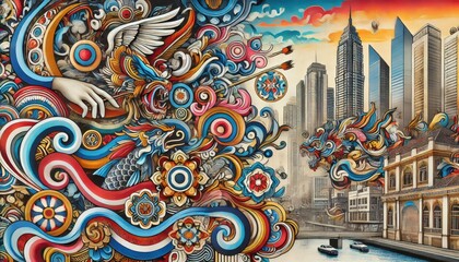 Abstract Cityscape with Colorful Geometric Shapes and Urban Architecture.