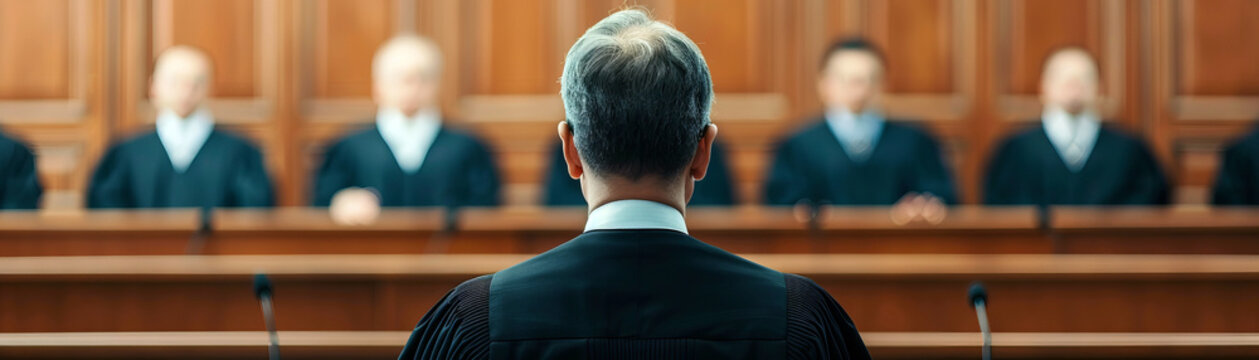 A scene in a courtroom with a judge facing a panel of judges, highlighting the formal judicial process and legal atmosphere.