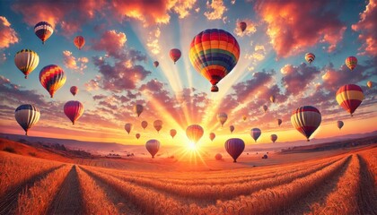 Naklejka premium Colorful Hot Air Balloons Soaring at Sunrise Over a Wheat Field.
