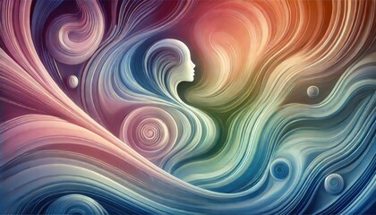 Abstract Woman Silhouette with Swirling Colorful Lines and Shapes.