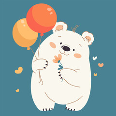Cute white bear holding balloons and flower in his paws, flat vector illustration on birthday theme. Vector illustration