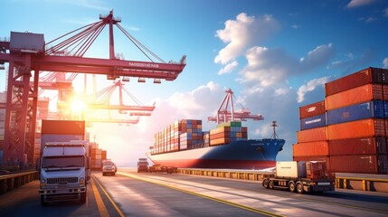 A large container truck is parked beside a massive cargo ship docked at a bustling port, with a cargo plane flying overhead. The scene includes a crane bridge actively moving containers,