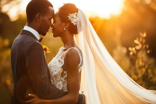 Romantic Black couple on wedding day at sunset