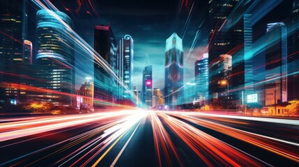 Fototapeta premium A nighttime cityscape featuring light trails from vehicles speeding along a curved road, with skyscrapers and neon signs in the background