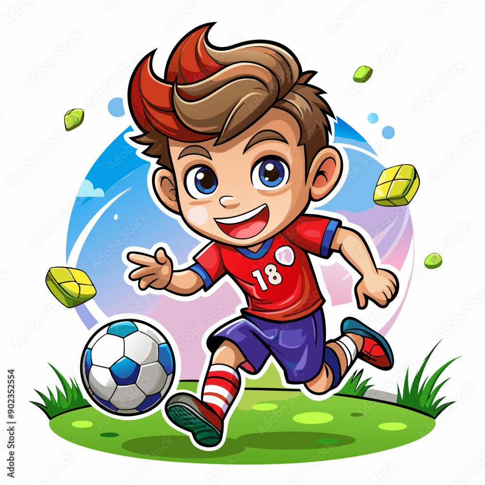 Wall mural Cartoon little boy playing footbal