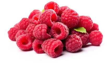 A pile of raspberries arranged neatly on a white background, highlighting their natural shine