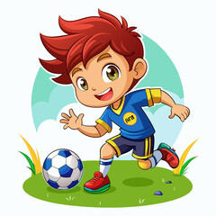 Cartoon little boy playing footbal