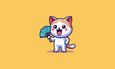 Fototapeta premium The cat character smiles broadly while holding a fan in his hand vector mascot design