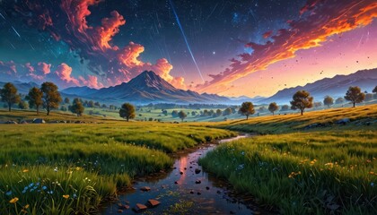 Serene Mountain Meadow with Stream and Shooting Stars.