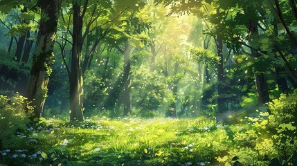 Obraz premium Sunlit Forest Clearing with Green Trees and Blooming Flowers