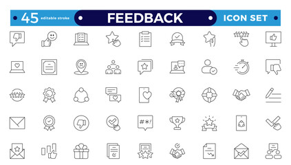Feedback Outline Icon Collection. Thin Line Set contains such Icons as Rating, Testimonials, Quick Response, Satisfaction and more. Simple icon set. Editable stroke outline icon.
