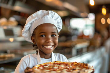 Young children learn to cook a homemade restaurant food. Little cook. African-American child cooks pizza. Master class for children on cooking deserts