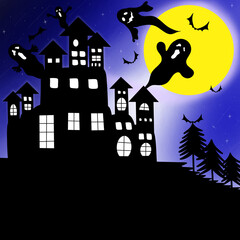Halloween castle with ghost and full moon background illustration.