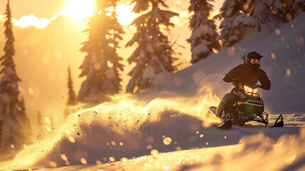 A snowmobile is driving on the snowy mountain, and it's snowing heavily in an endless winter wonderland.