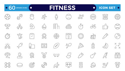 Gym and fitness icon set. Containing healthy lifestyle, weight training, body care, and workout or exercise equipment icons. Outline icon collection. Editable stroke outline icon.
