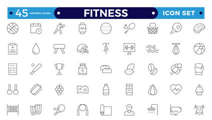 Gym and fitness icon set. Containing healthy lifestyle, weight training, body care, and workout or exercise equipment icons. Outline icon collection. Editable stroke outline icon.
