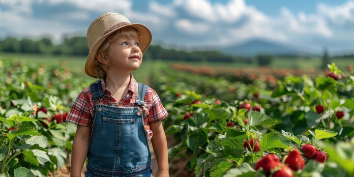 A joyful child explores a lush strawberry field under a bright blue sky - Powered by Adobe