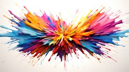 Obraz premium Bright colors emanate from the center. spread outward against a white backdrop The bursts of light include shades of blue, pink and yellow, creating a lively atmosphere.