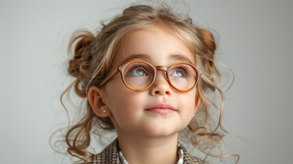 Fototapeta premium A thoughtful young girl wearing glasses gazes upward with a calm expression